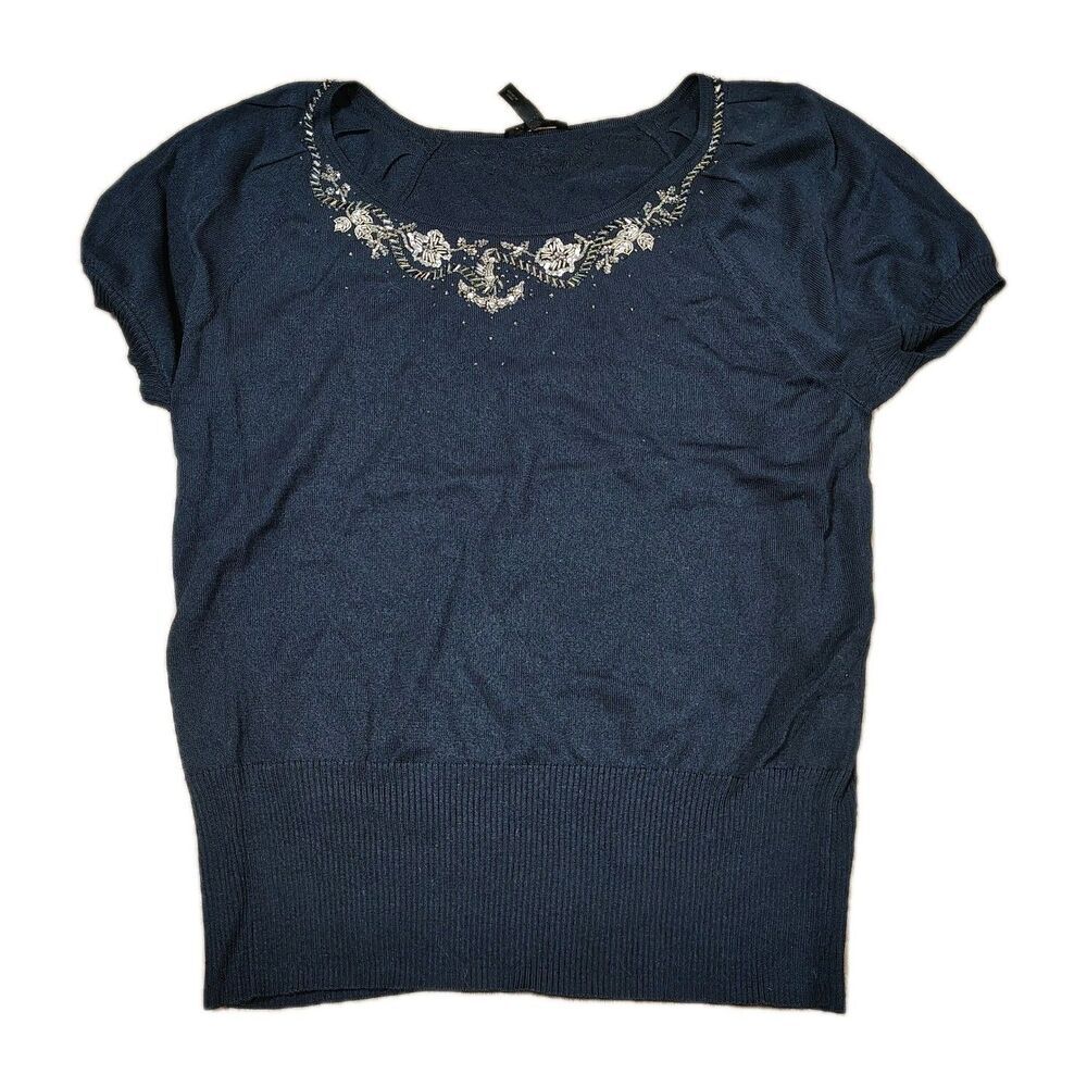 Escada Womens Beaded Knit Top Size 38 Navy Scoop Neck Short Sleeve Sweater